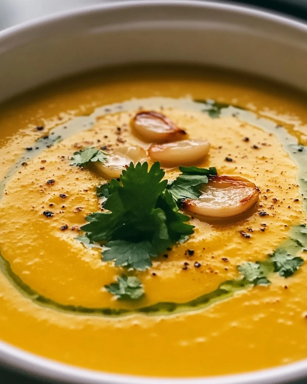 Aromatische Hokkaido Kürbissuppe mit geröstetem Knoblauchöl
