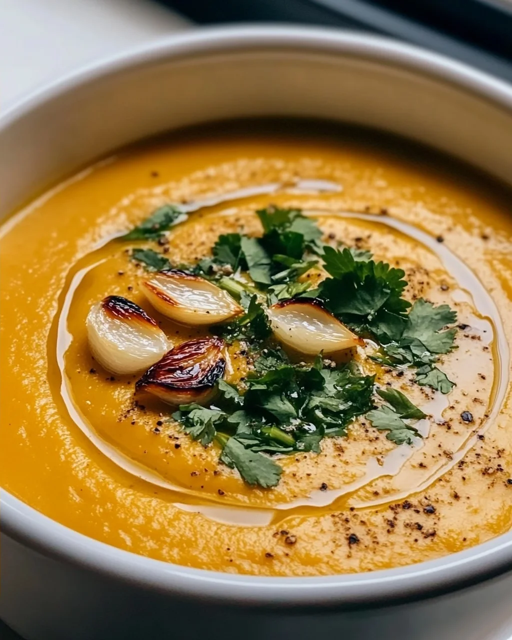 Aromatische Hokkaido Kürbissuppe mit geröstetem Knoblauchöl