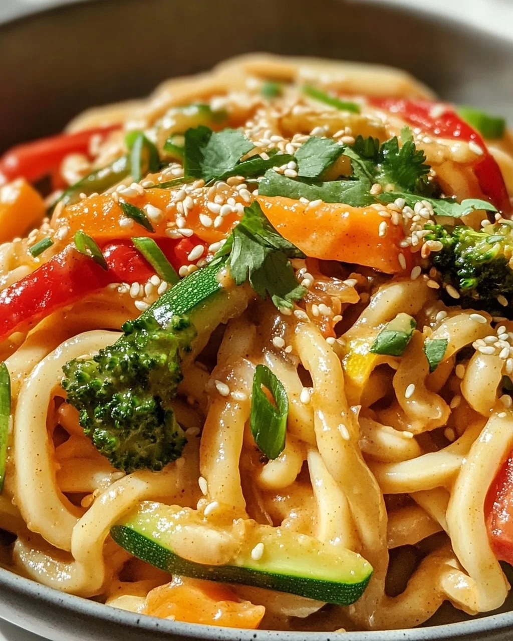 Asiatische Udon Nudeln mit Erdnusssauce und frischem Gemüse