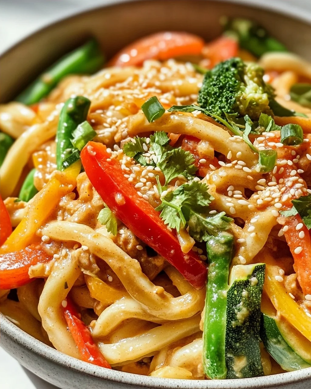 Asiatische Udon Nudeln mit Erdnusssauce und frischem Gemüse