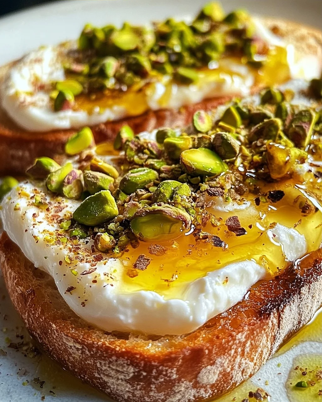 Burrata-Toast mit Pistazien und heißem Honig