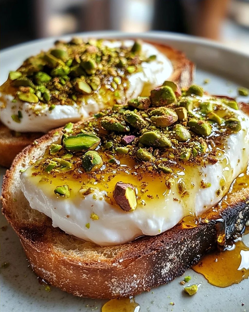 Burrata-Toast mit Pistazien und heißem Honig