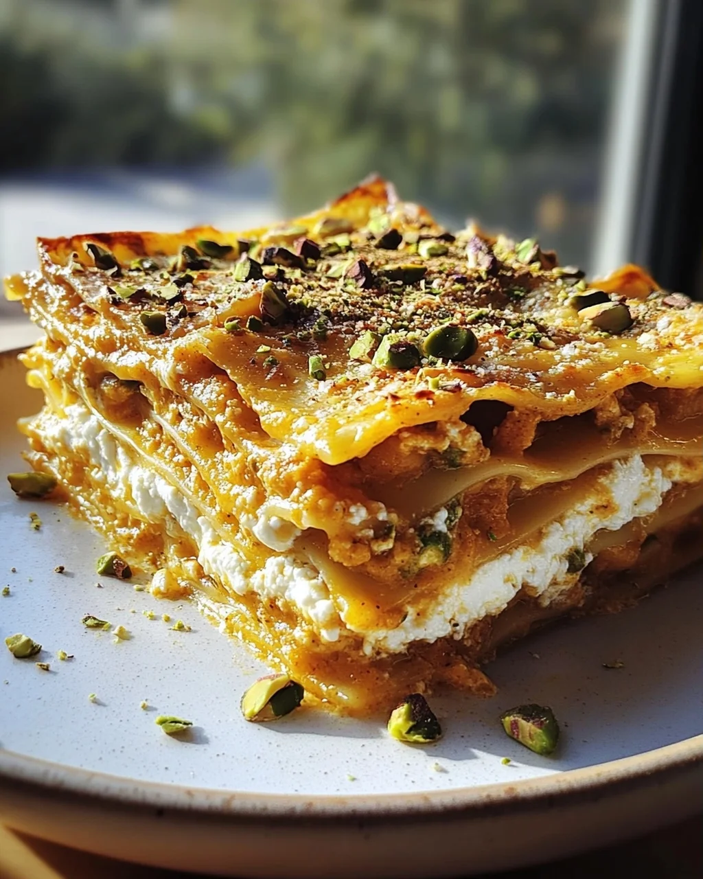 Cremige Kürbislasagne mit Ricotta und Pistazien