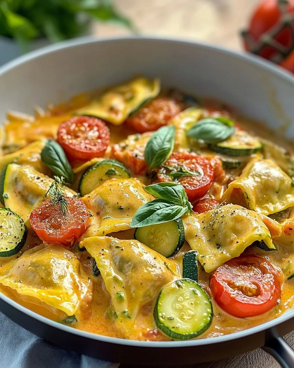 Cremige Maultaschenpfanne mit Zucchini und Tomaten genießen