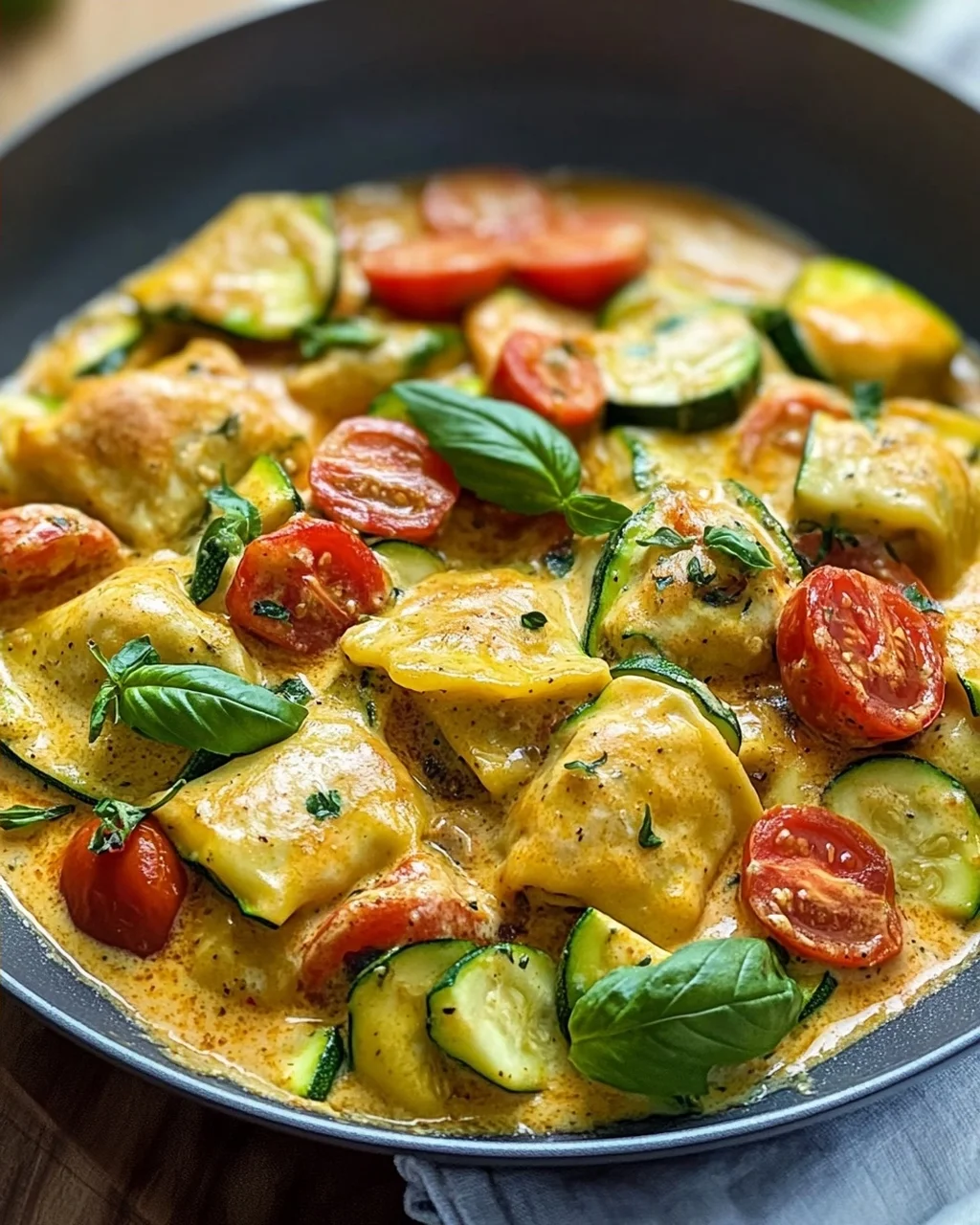 Cremige Maultaschenpfanne mit Zucchini und Tomaten genießen