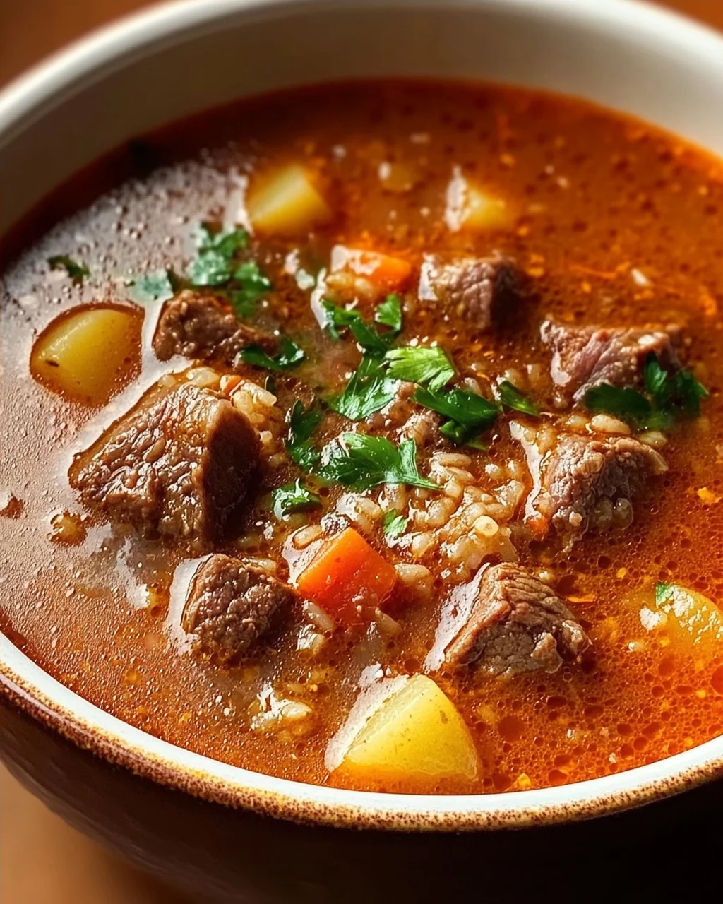 Herzhafte serbische Reisfleischsuppe