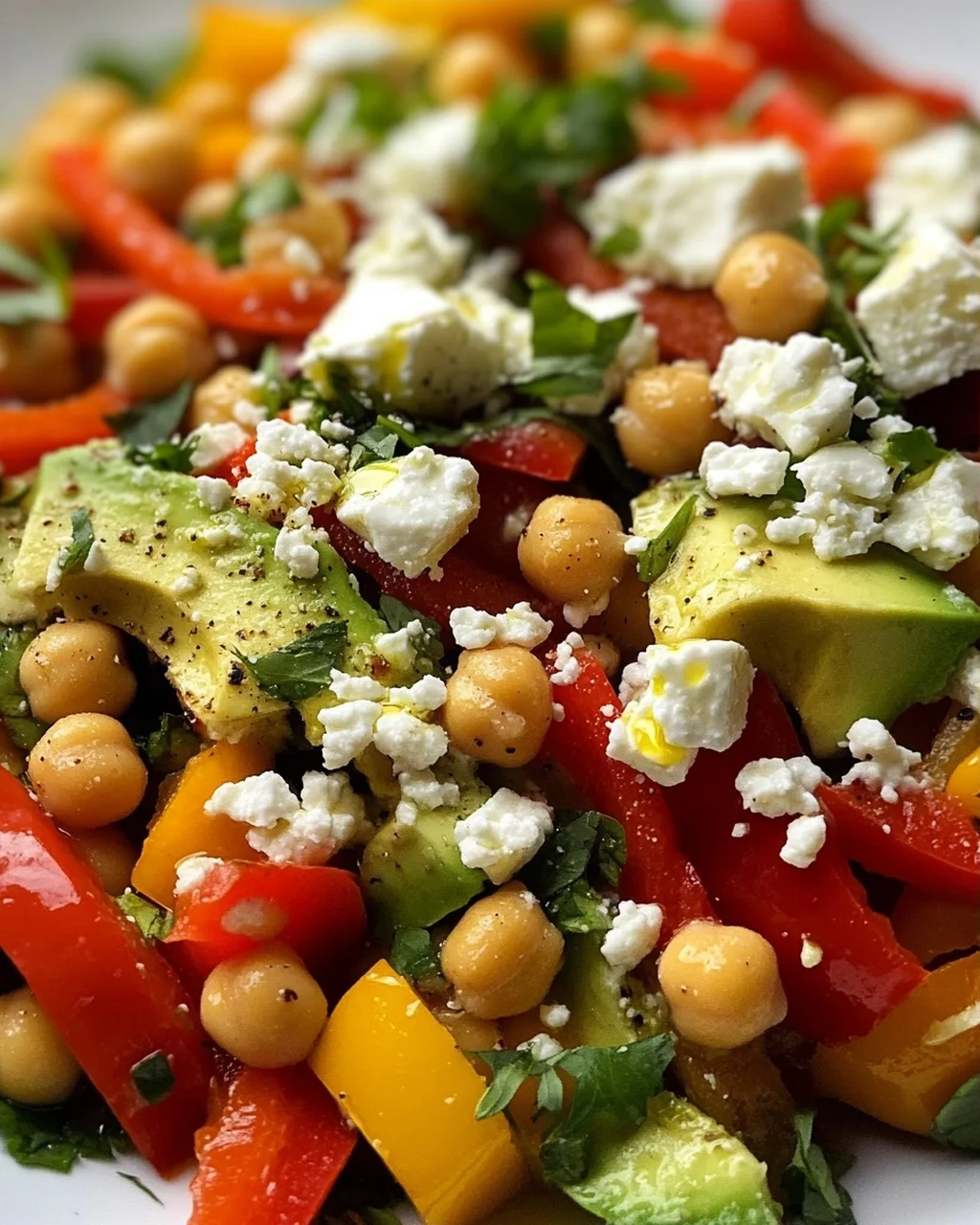 Kichererbsen-Feta-Avocado-Salat mit gerösteten Paprika