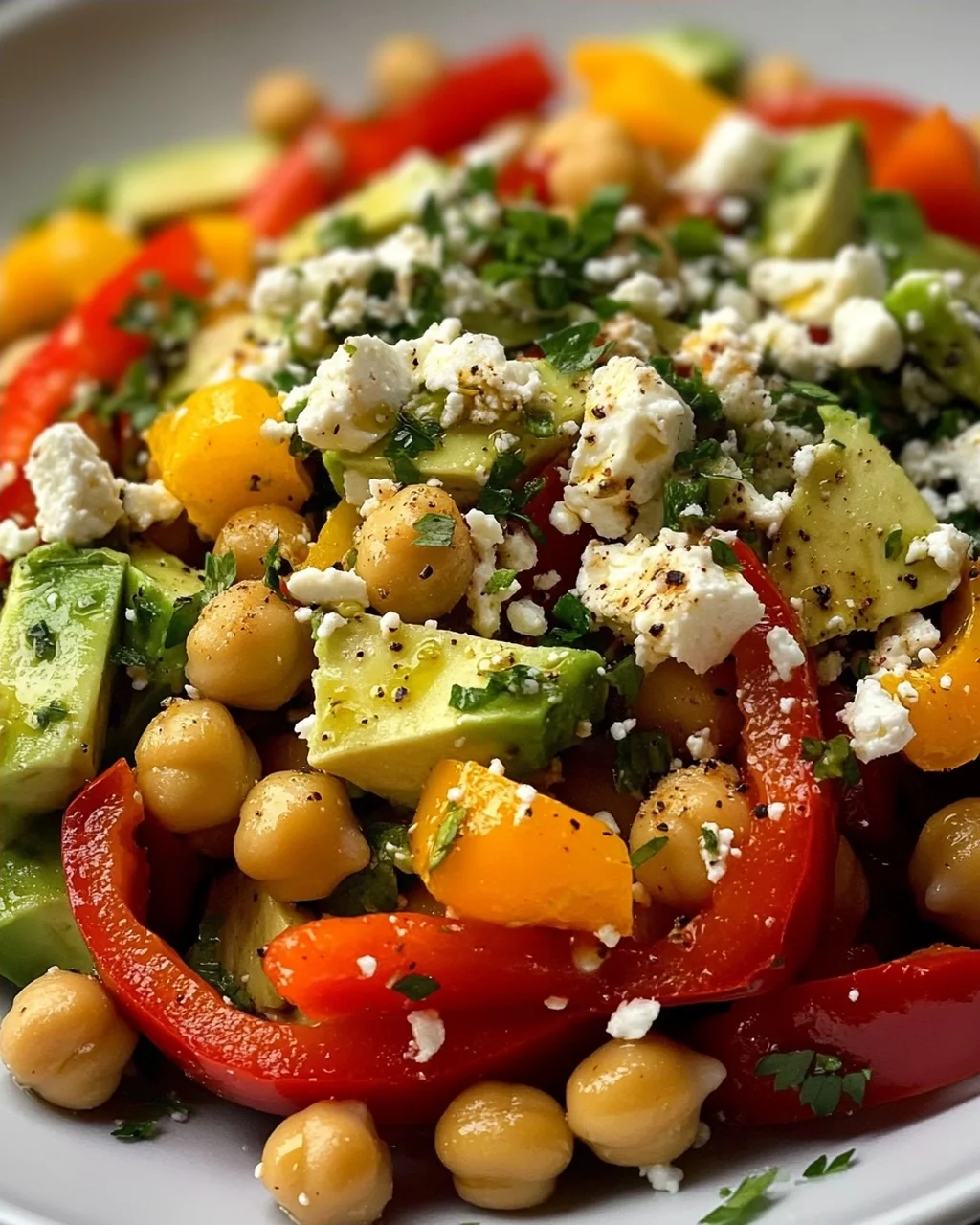 Kichererbsen-Feta-Avocado-Salat mit gerösteten Paprika