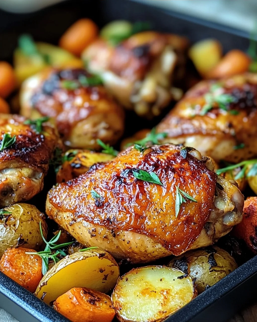 Knusprige Hähnchenschenkel mit Ofengemüse