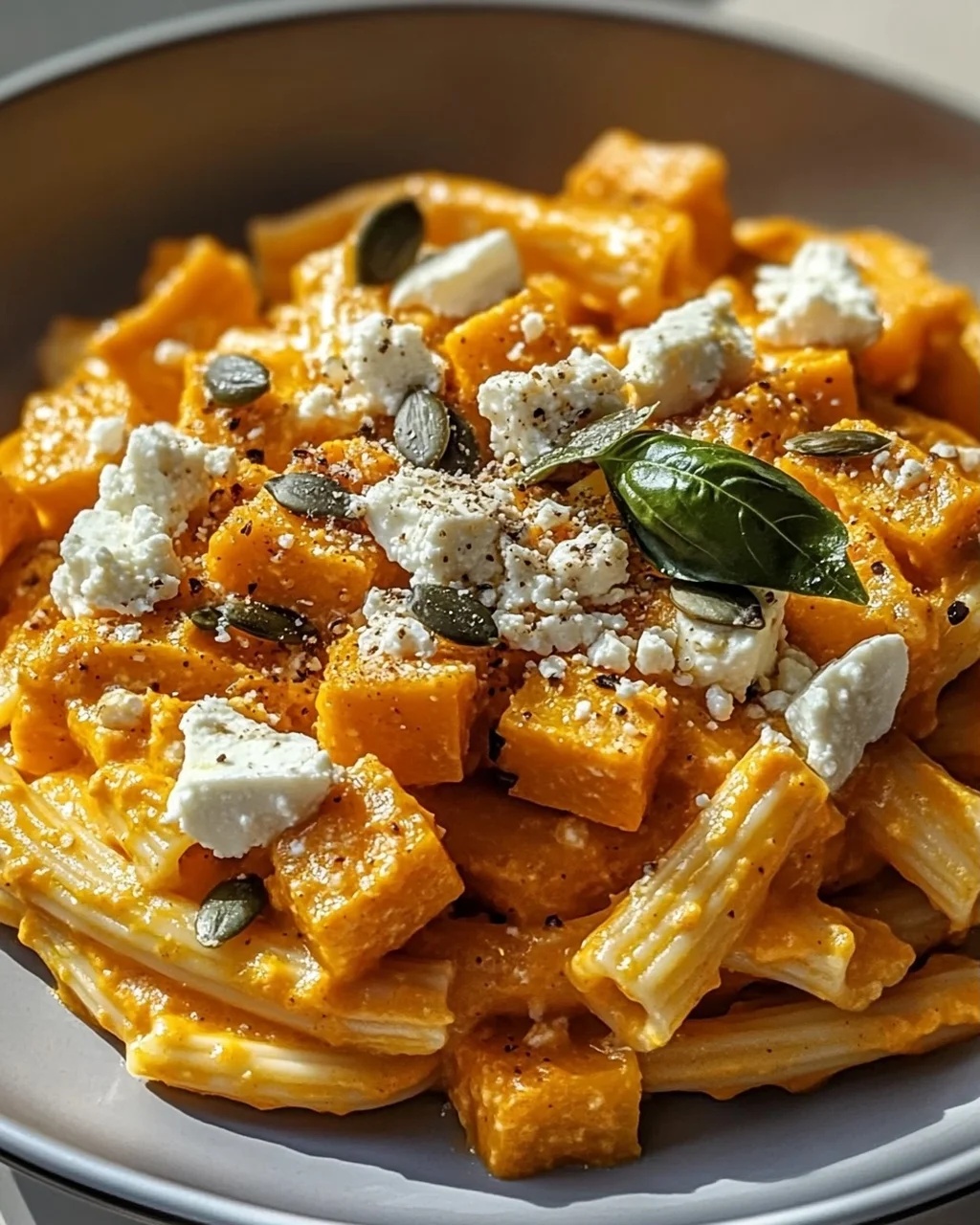 Kürbis-Feta-Pasta: Cremig, aromatisch, mit knusprigen Kernen