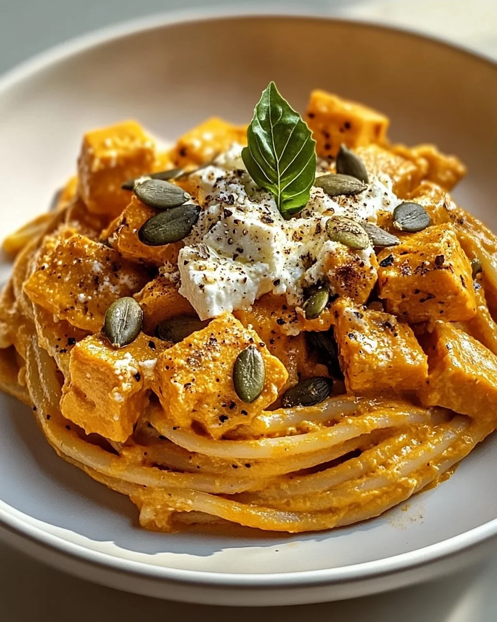 Kürbis-Feta-Pasta: Cremig, aromatisch, mit knusprigen Kernen