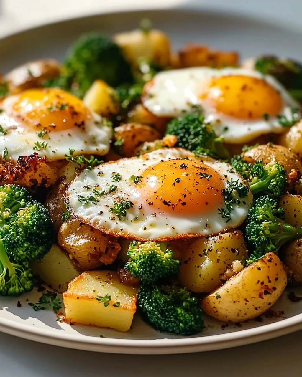 Leckeres Kartoffel-Brokkoli Frühstücks-Hash mit Spiegeleiern