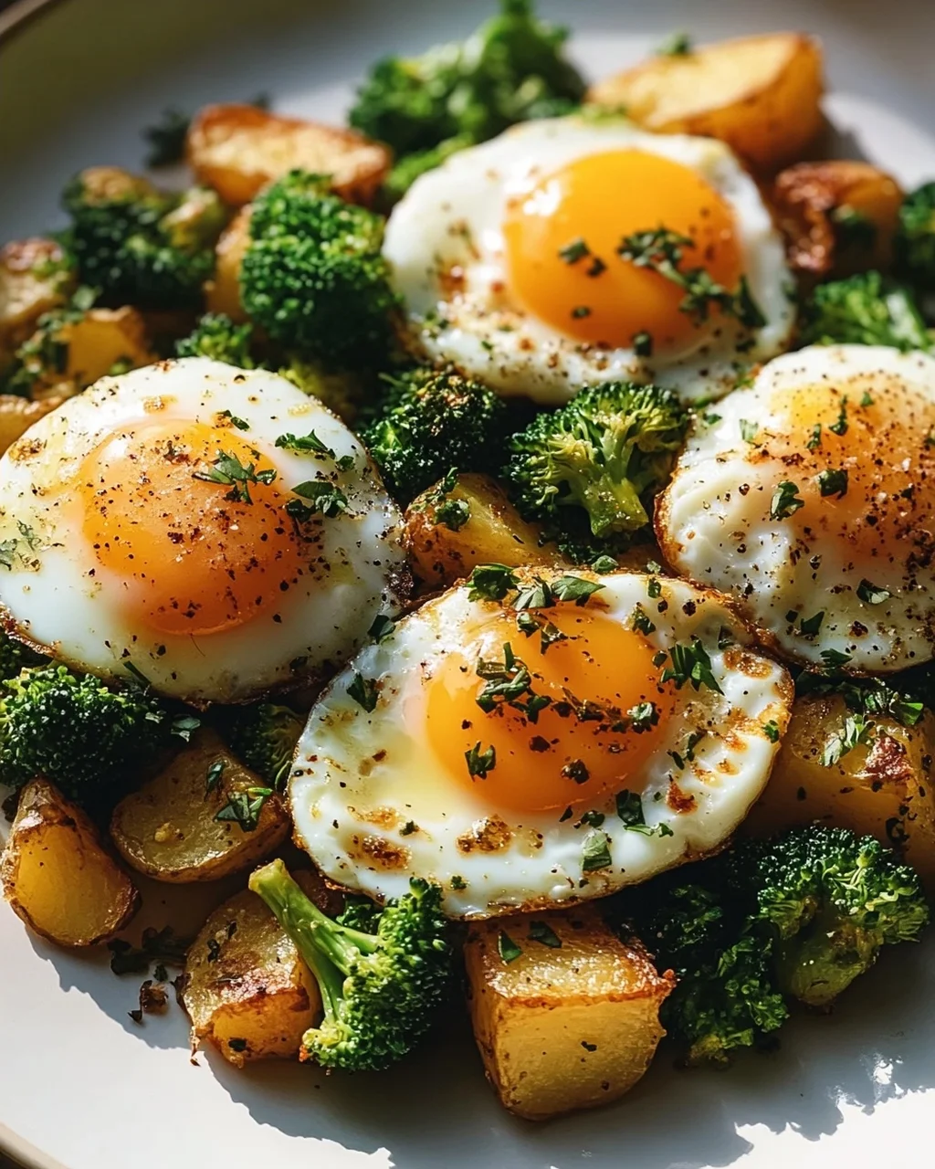 Leckeres Kartoffel-Brokkoli Frühstücks-Hash mit Spiegeleiern