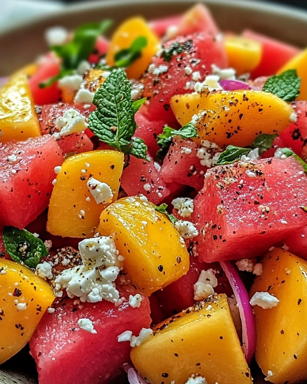 Pfirsich Wassermelonen Salat für heiße Sommertage