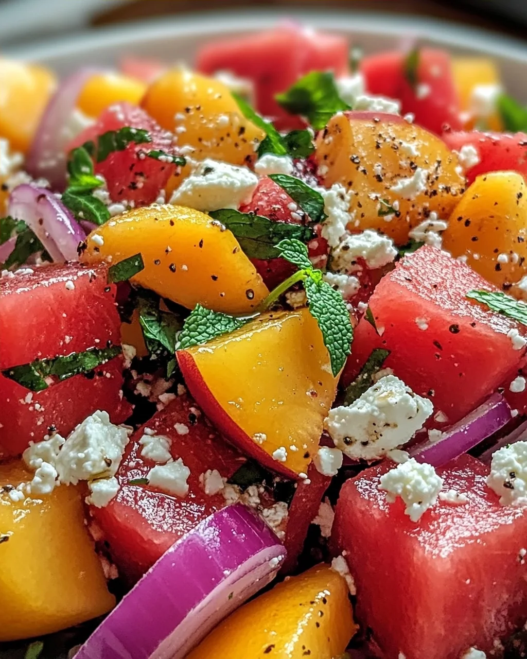 Pfirsich Wassermelonen Salat für heiße Sommertage
