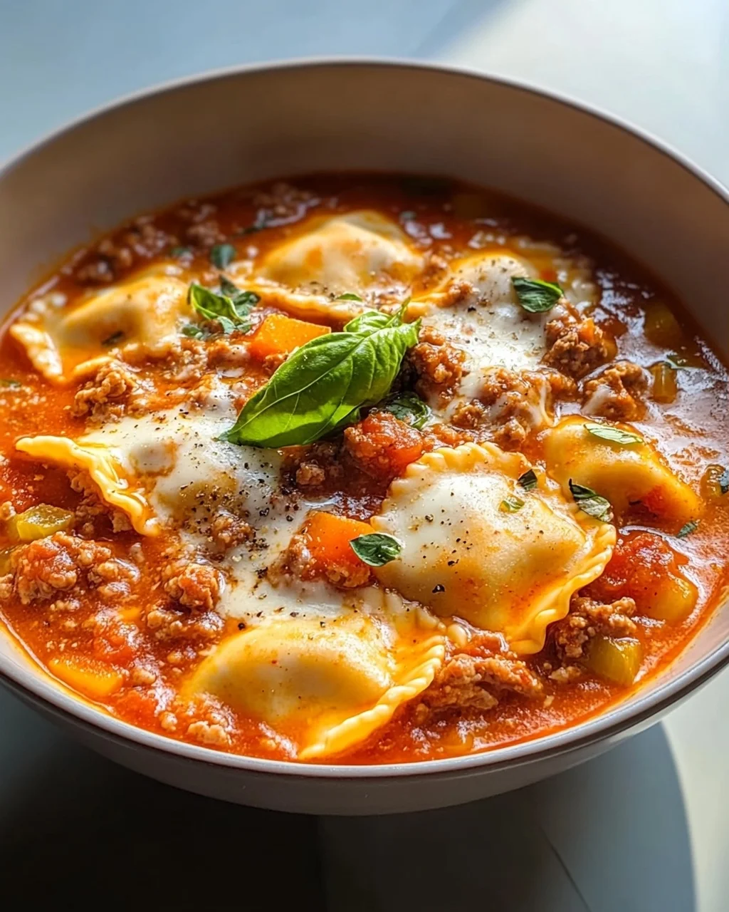 Pizzasuppe mit Hackfleisch & Ravioli in Tomatensahne-Sauce