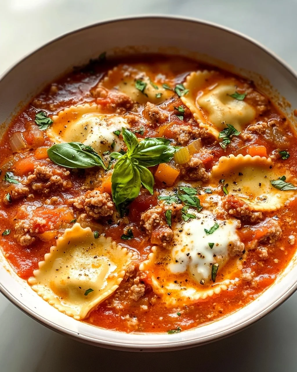 Pizzasuppe mit Hackfleisch & Ravioli in Tomatensahne-Sauce