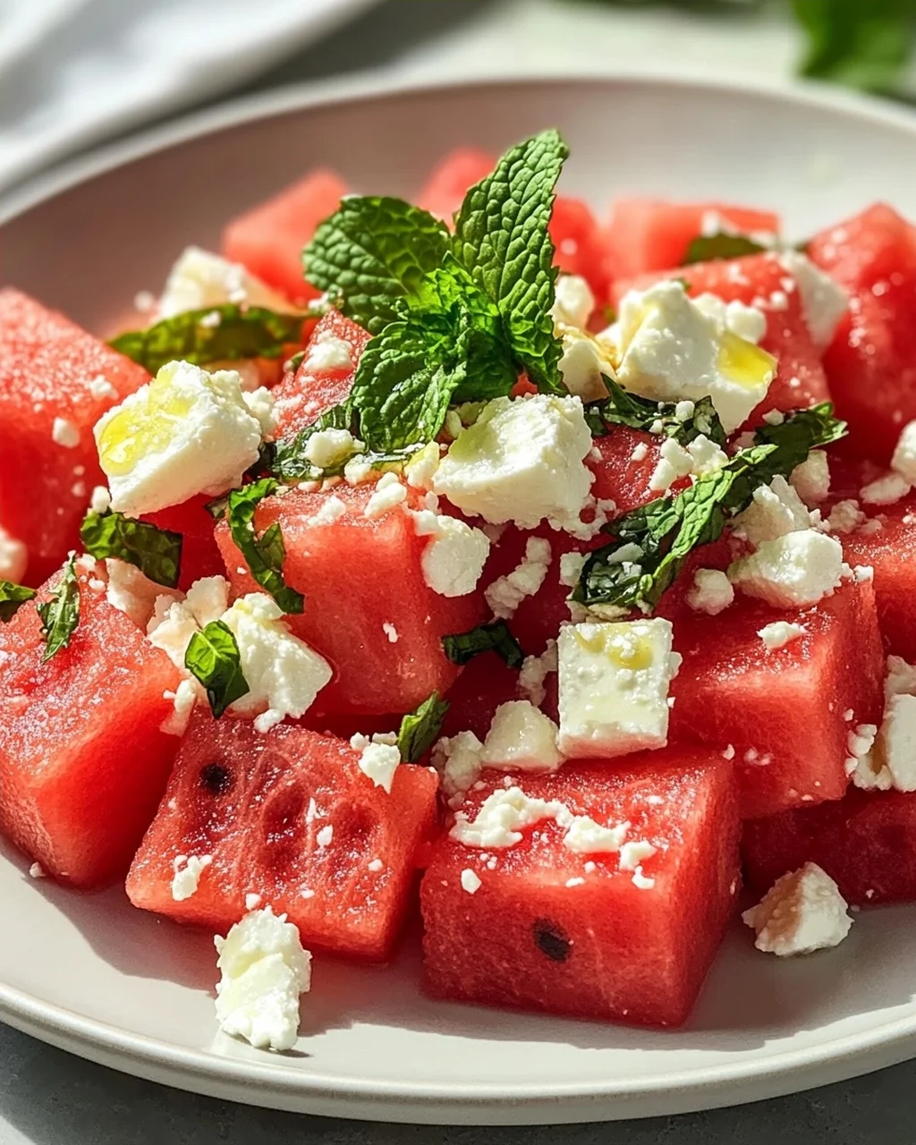 Sommerlicher Wassermelonen Feta Salat mit Minze Rezept