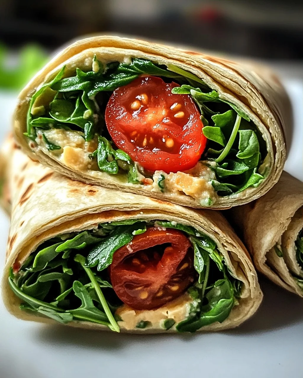 Vegetarische Wrap-Röllchen mit Rucola und Tomaten