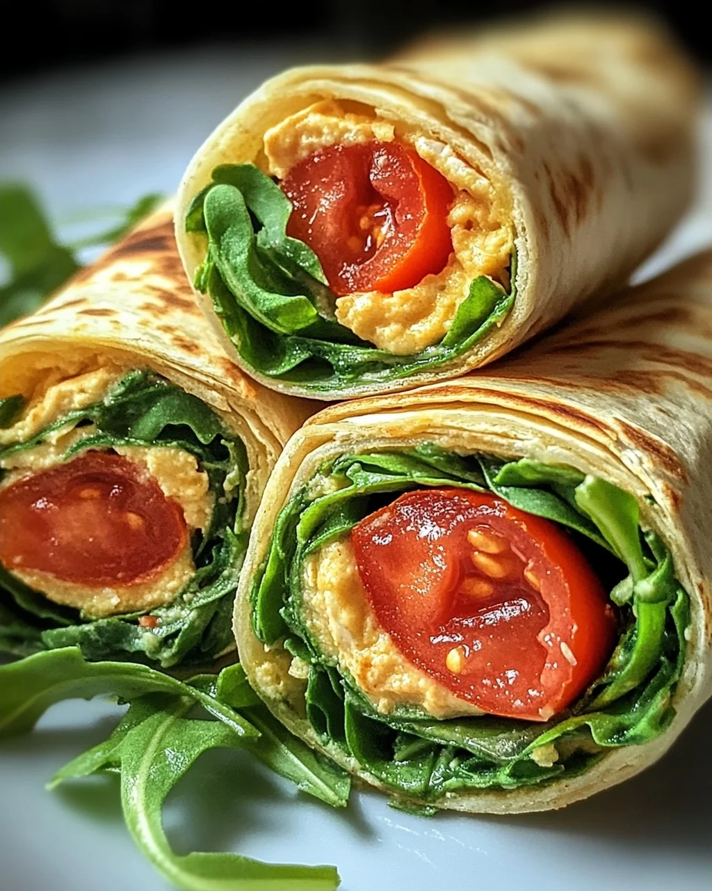 Vegetarische Wrap-Röllchen mit Rucola und Tomaten