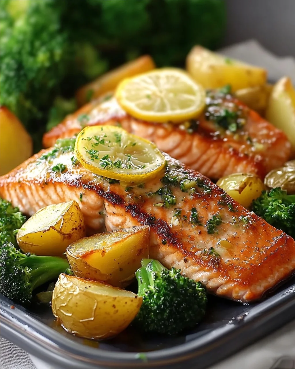 Zitronenbutterlachs mit Knusprigen Kartoffeln und Brokkoli